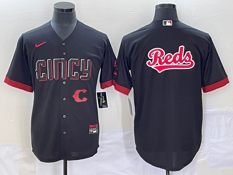 Men's Cincinnati Reds Black Team Big Logo 2023 City Connect Cool Base Stitched Baseball Jersey